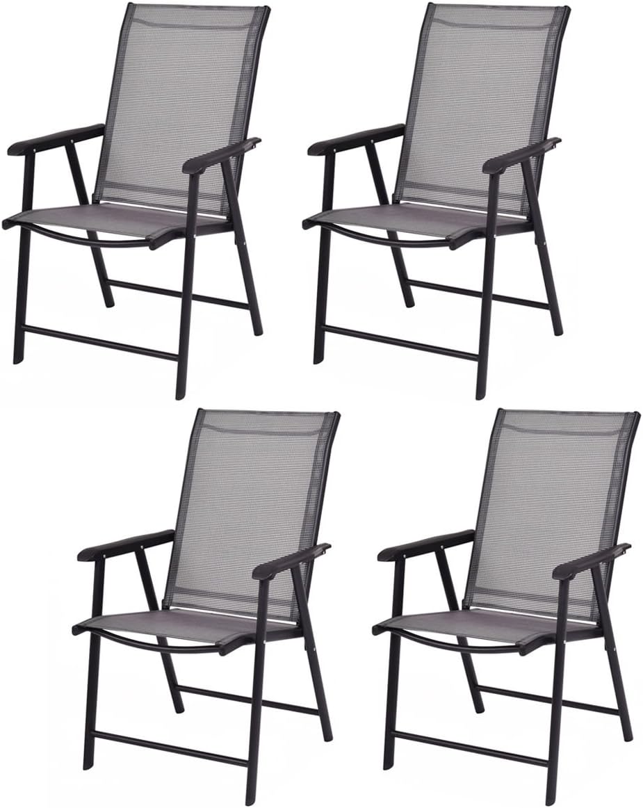 Set of 4 Folding Patio Dining Chairs with Armrest, Metal Frame, Grey I330529