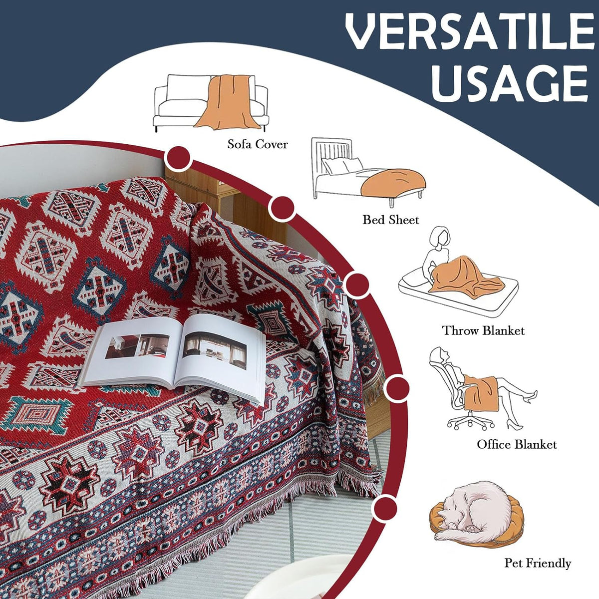 Red Geometric Jacquard Couch Cover, 71" X118" I481011