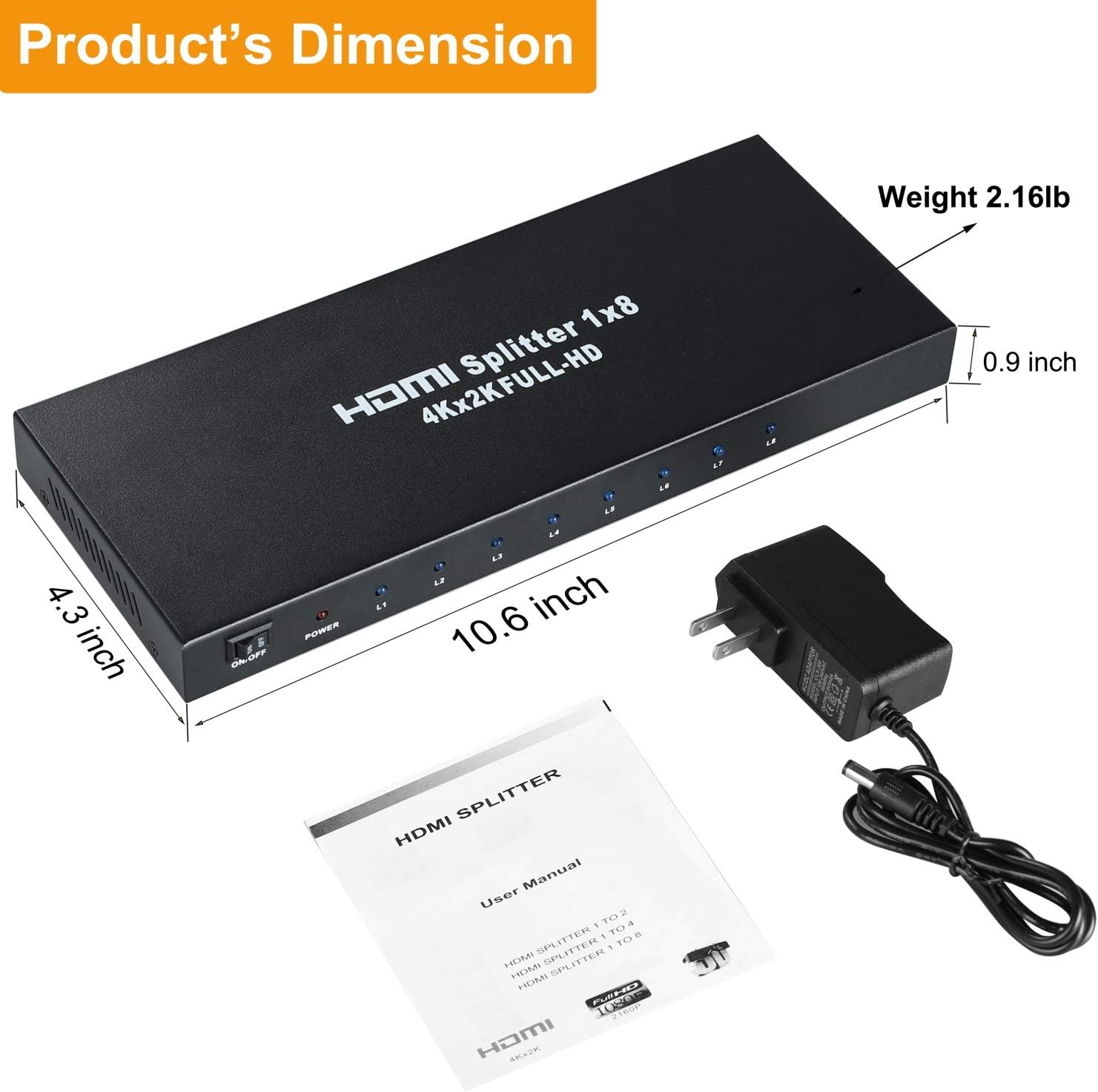 4K 1x8 HDMI Splitter Powered 8way Audio Video Distributor Amplifier with Charger L261247
