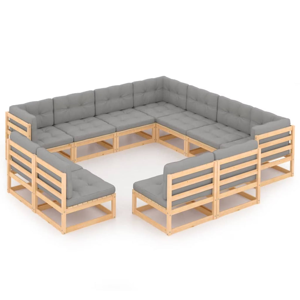 11 Piece Patio Lounge Set with Gray Cushion Pinewood Sectional Outdoor Furniture Set P19851