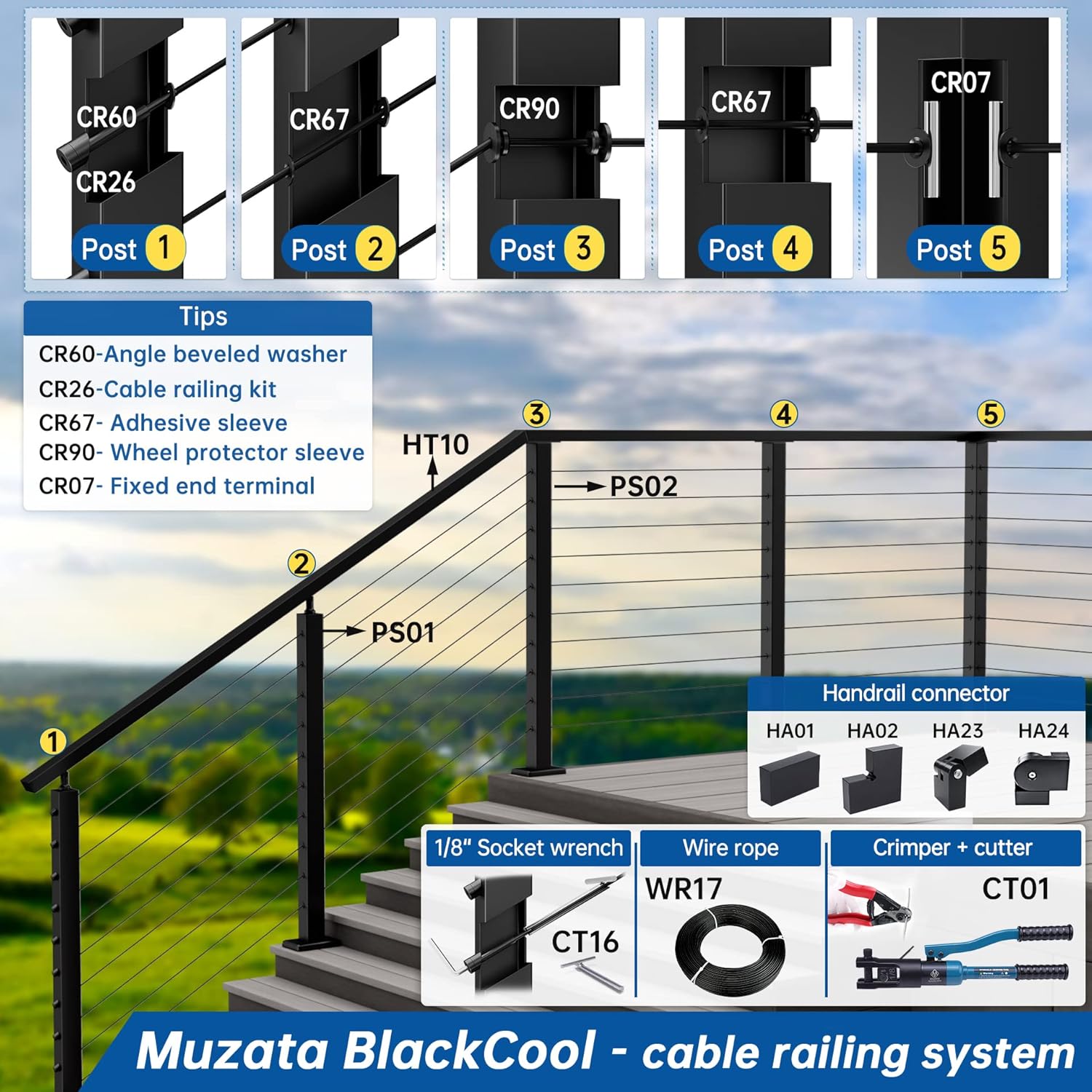 Black Invisible Cable Railing Kit 1/8 T316 Stainless Steel H915