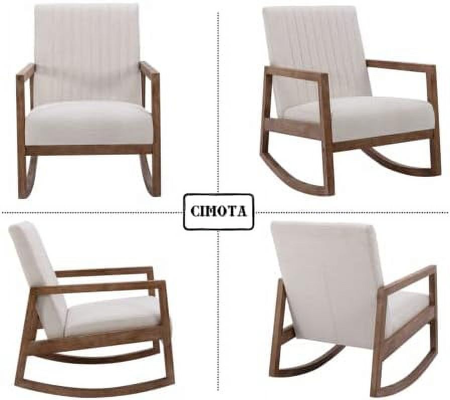 Mid Century Linen Rocking Chair with Padded Seat and Wood Frame E71729