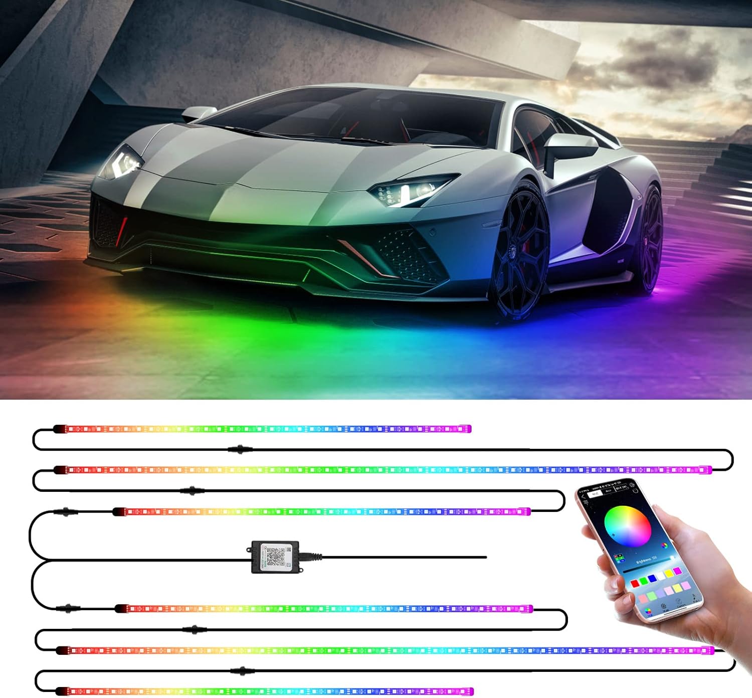 6PCS Dimmable RGB Car Underglow Lights with APP Control C348