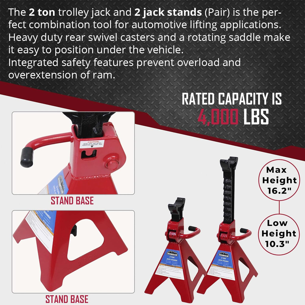 2 Ton Trolley Jack and Jack Stand Combo, Heavy Duty Steel, 4,000 LBS. Capacity B19418