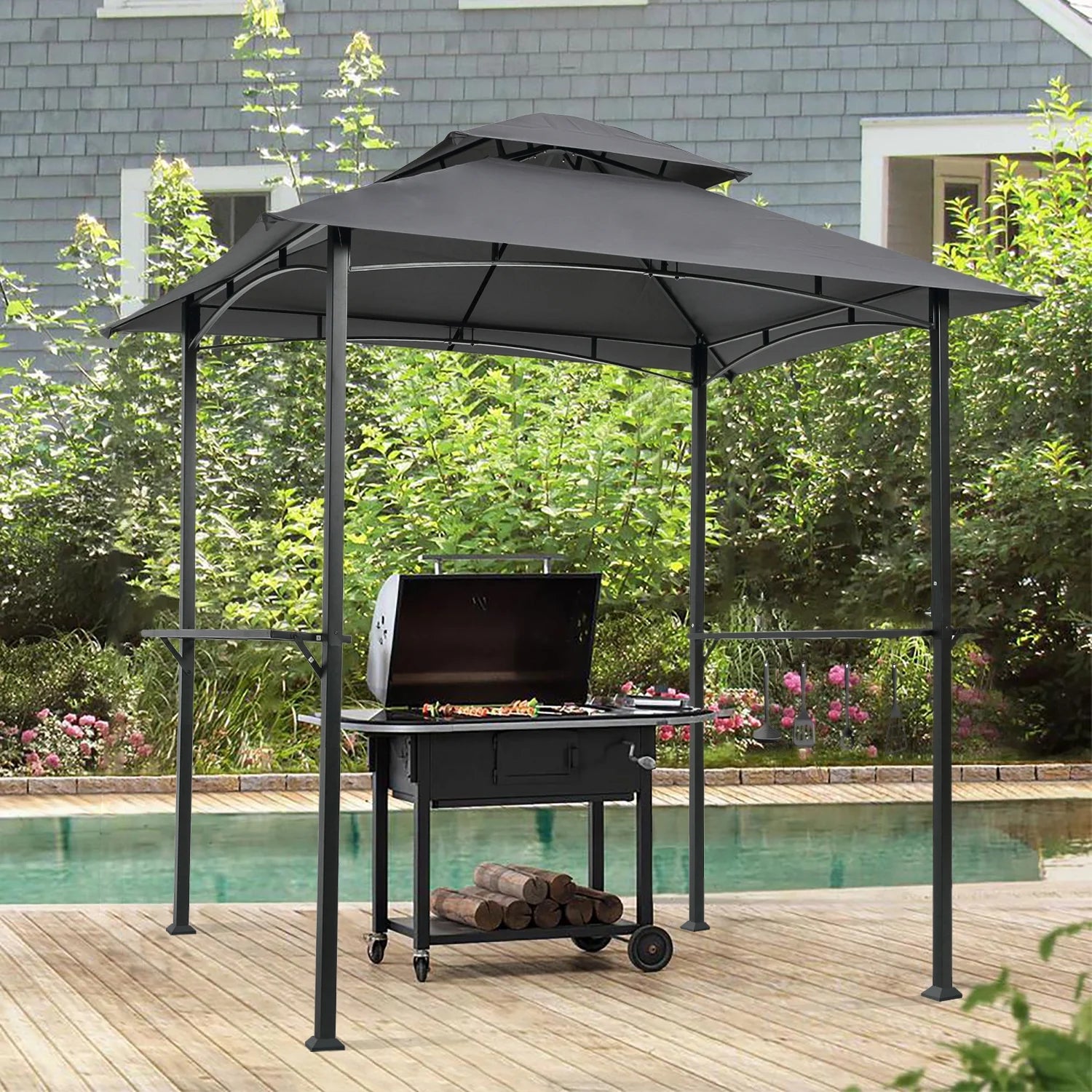 Outdoor Grill Gazebo 8 x 5 Ft with Steel Frame and Bar Counters O105