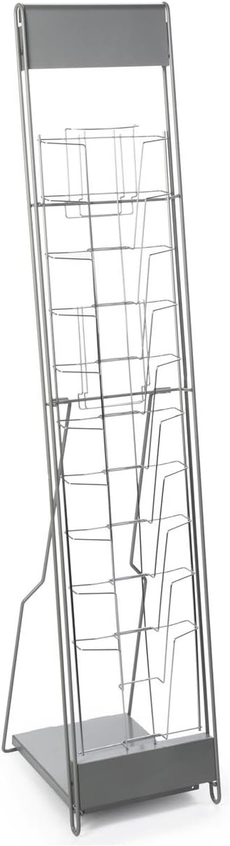 Silver Steel Floor-Standing Magazine Rack with 10 Pockets, Carrying Bag Included I835
