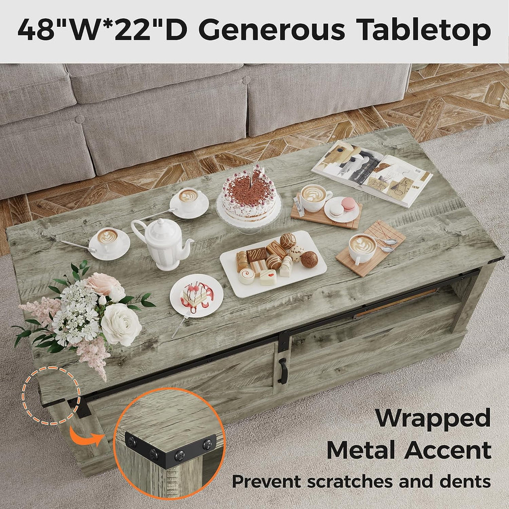 Warm Grey Rectangular Coffee Table with Storage Drawer and Sliding Barn Door T833966