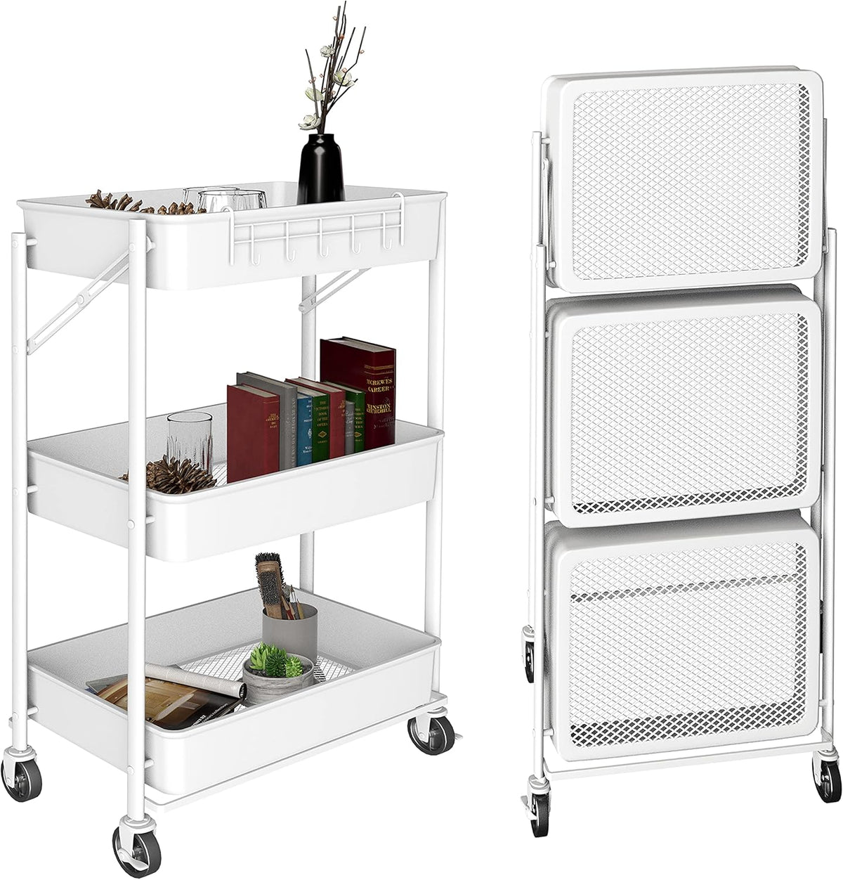 3 Tier Foldable Metal Rolling Cart with Wheels R53316