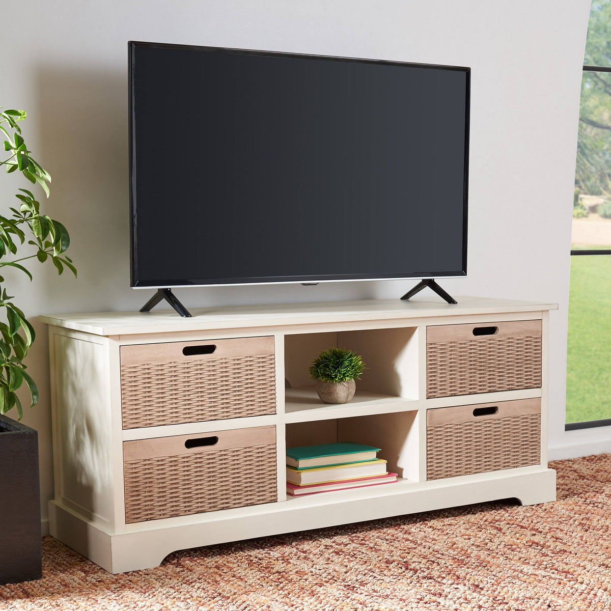 4 Drawer Distressed White Media Stand V5376