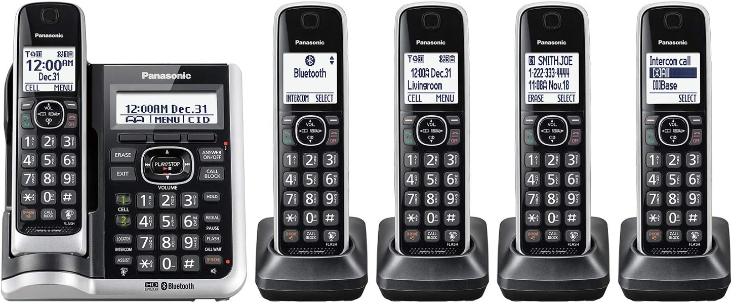Black/Silver Trim 5 Handsets Cordless Phone System Y19926