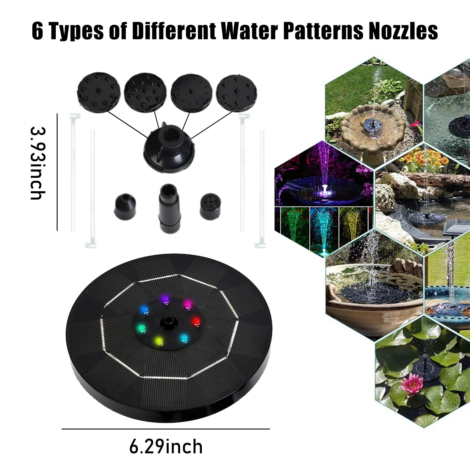 Solar Fountain Pump with Colorful Gradient Light 1800mAh Battery 6 Nozzles W676382