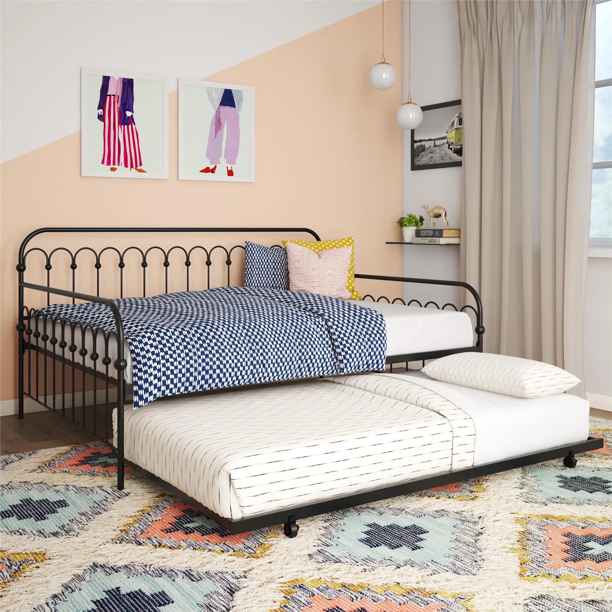 Black Full Metal Daybed with Twin Trundle Bed H6733