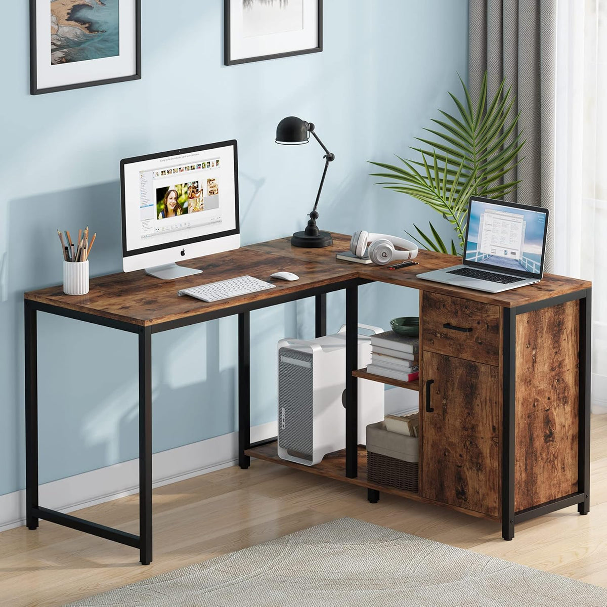 Brown L Shaped Desk with Drawer Cabinet and Storage Shelves A850