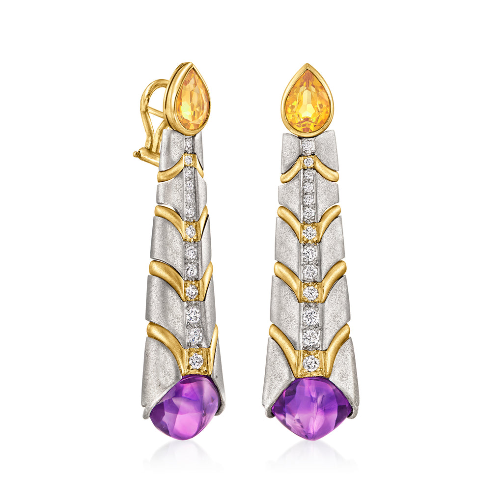 Vintage Amethyst and Citrine Drop Earrings with Diamonds in Platinum and 18kt Yellow Gold T945905
