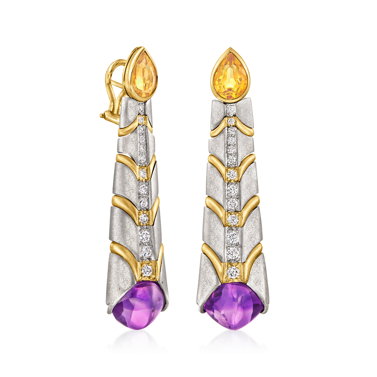 Vintage Amethyst and Citrine Drop Earrings with Diamonds in Platinum and 18kt Yellow Gold T945905