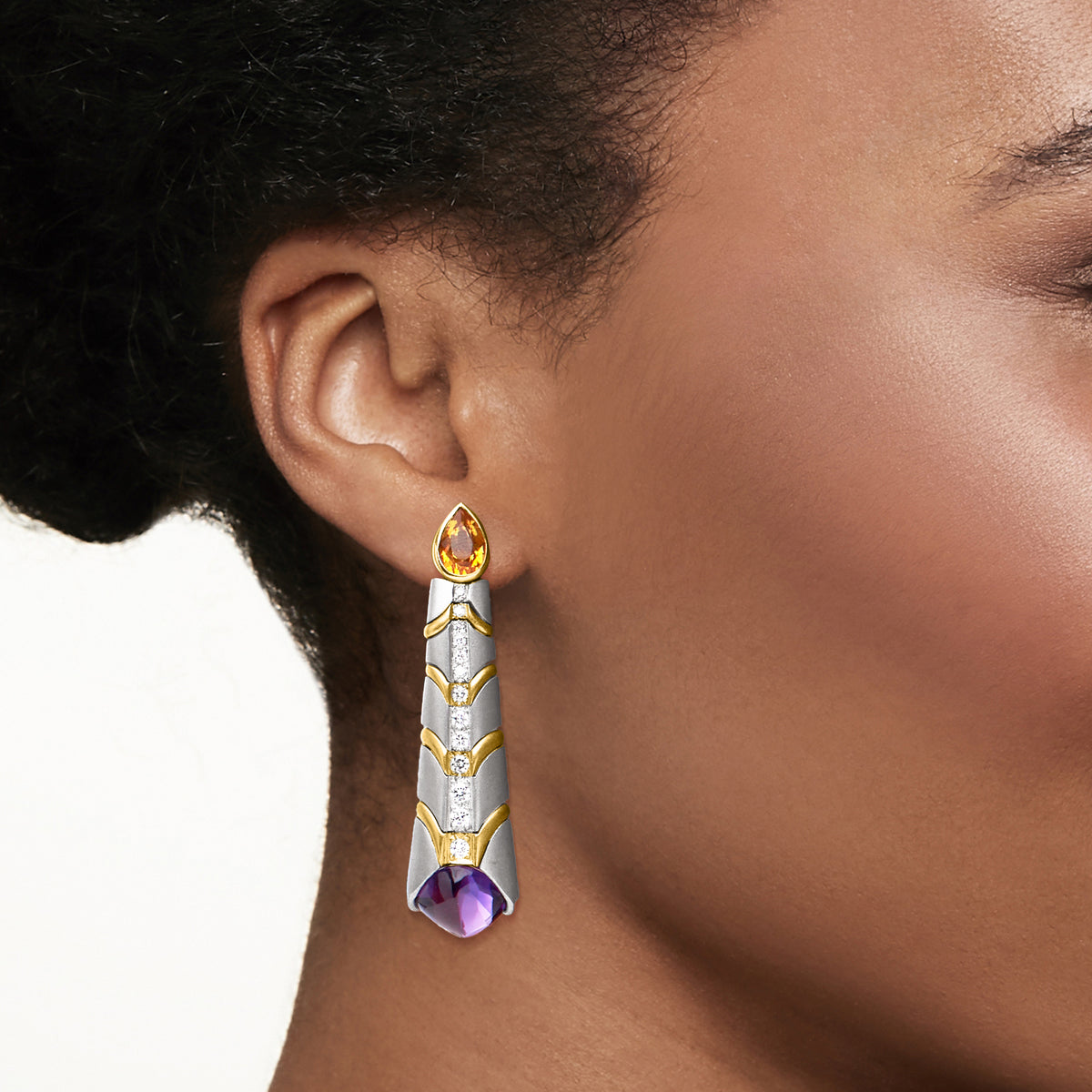 Vintage Amethyst and Citrine Drop Earrings with Diamonds in Platinum and 18kt Yellow Gold T945905