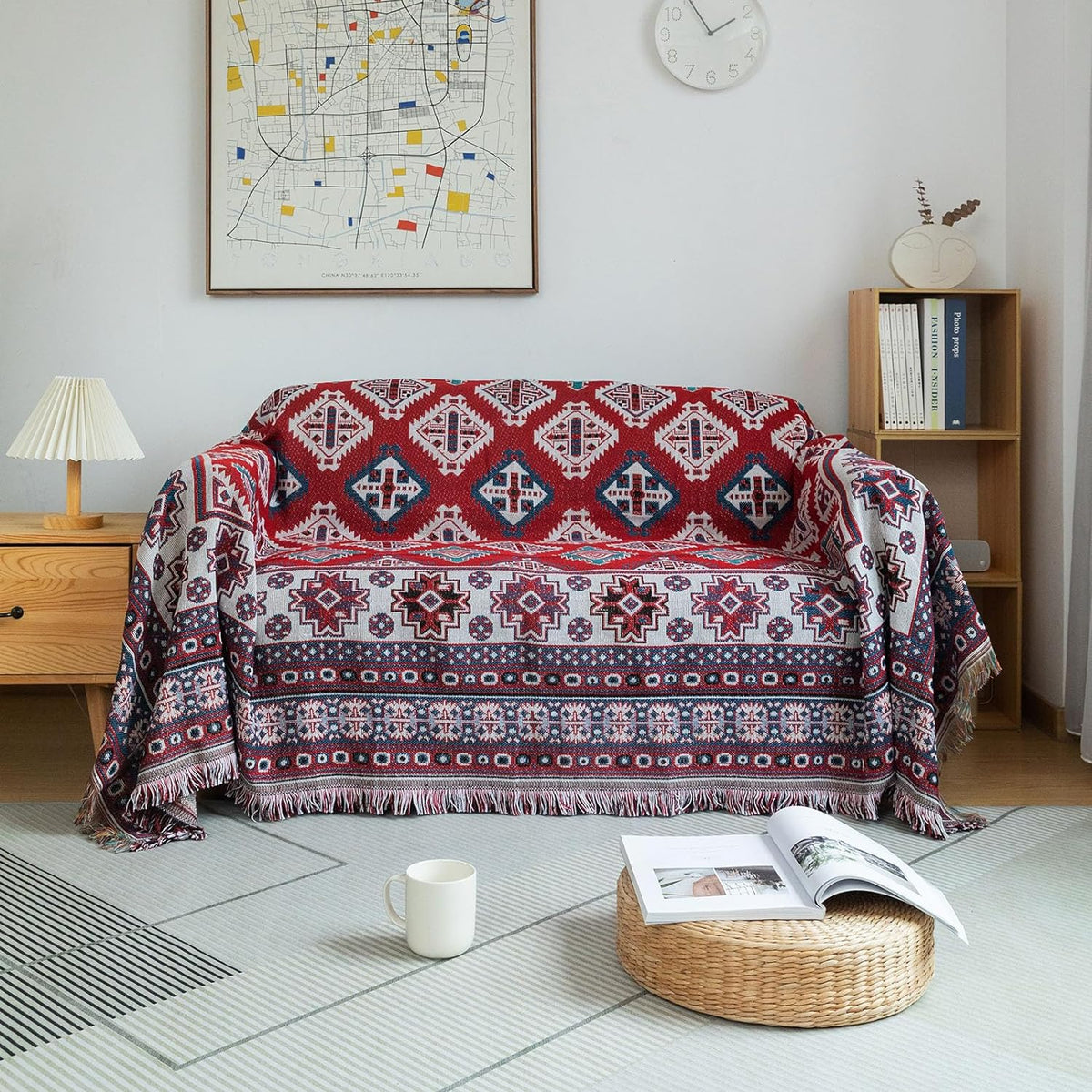 Red Geometric Jacquard Couch Cover, 71" X118" I481011