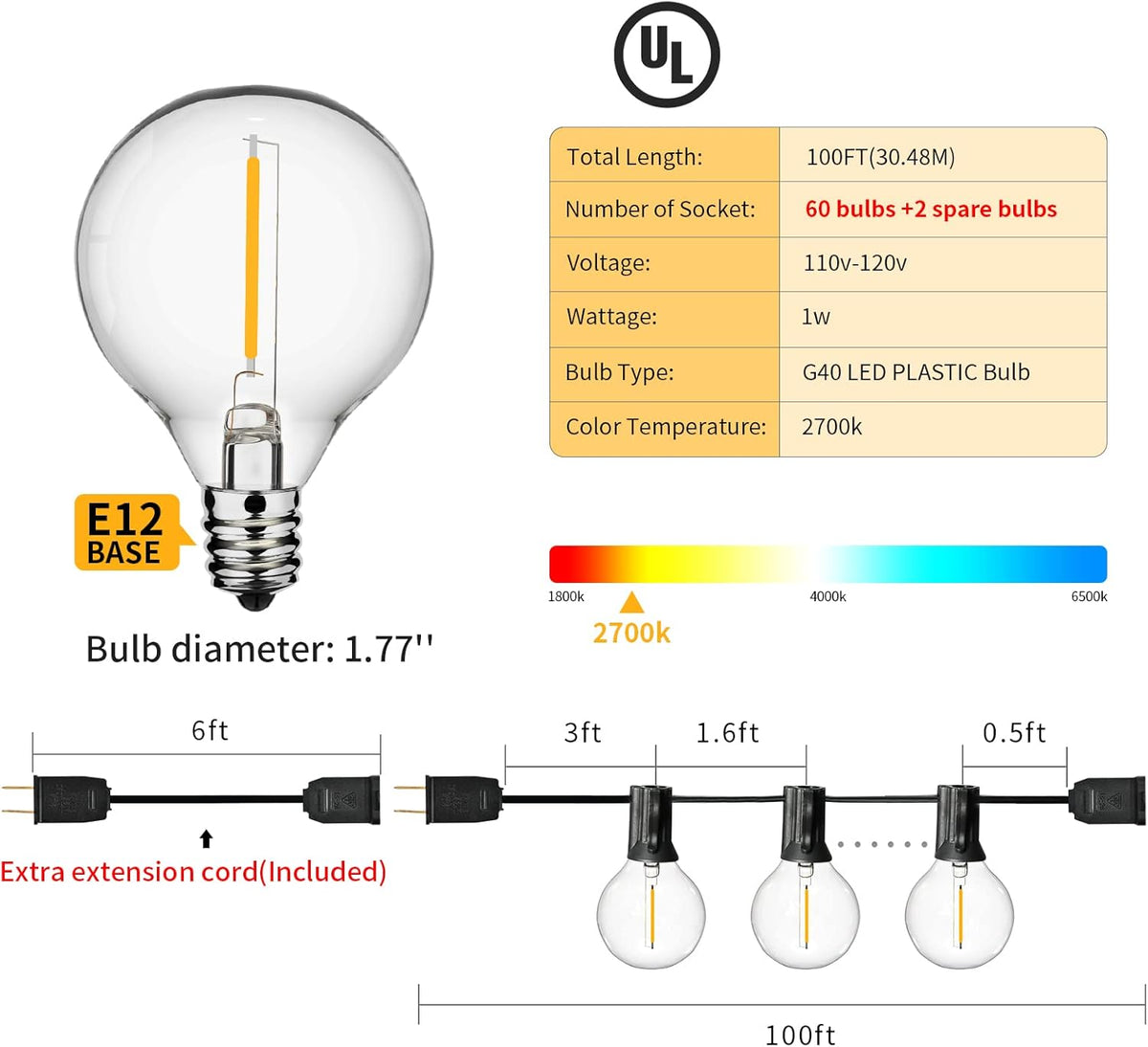 100ft 62 Dimmable G40 LED Clear Bulbs Waterproof Globe String Lights G817