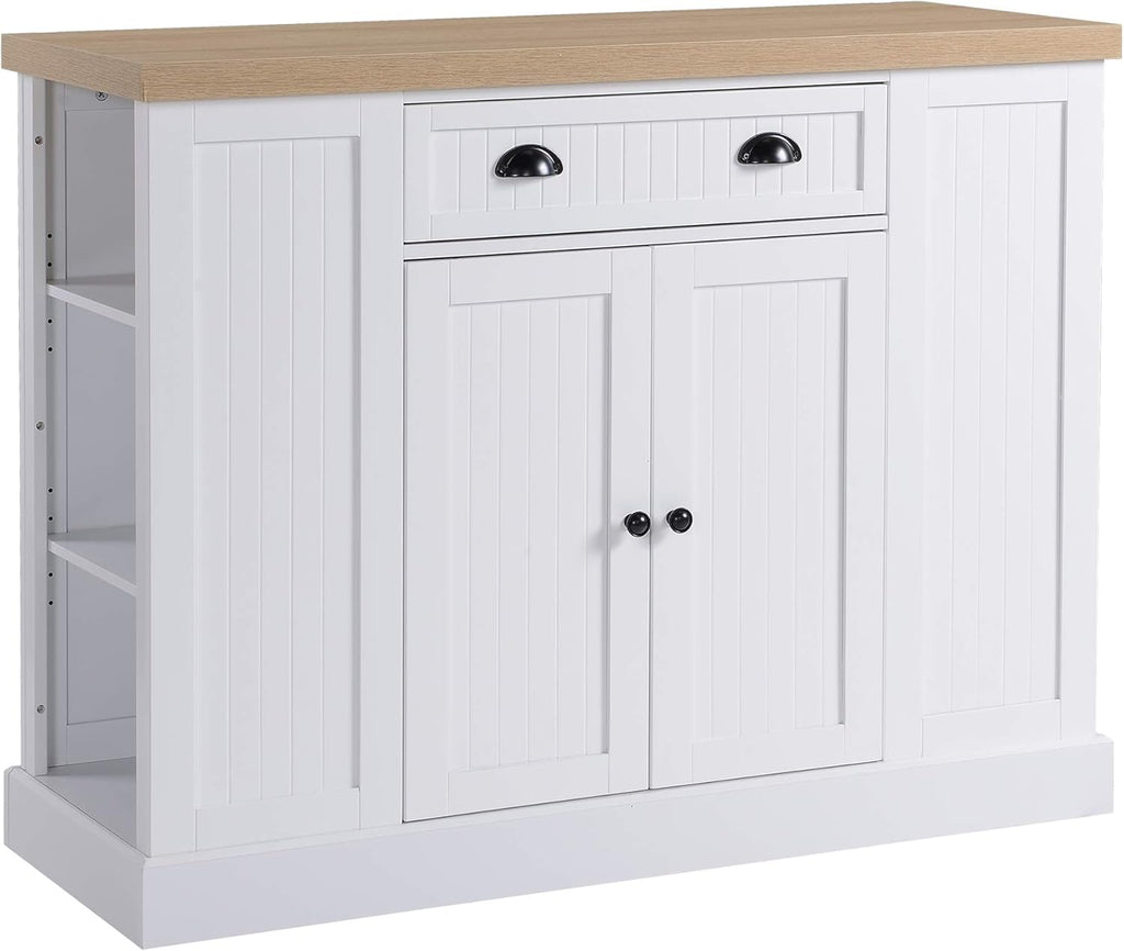 White Wooden Kitchen Island with Storage Cabinet and Shelving V873469