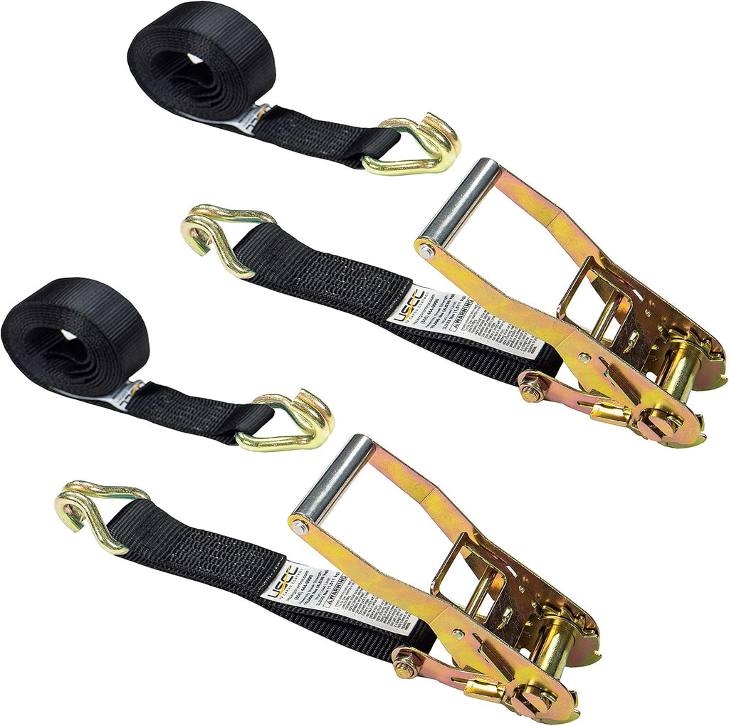 2 Pack 2 Inch x 18 Foot Black Ratchet Straps with Double J Hooks P4626