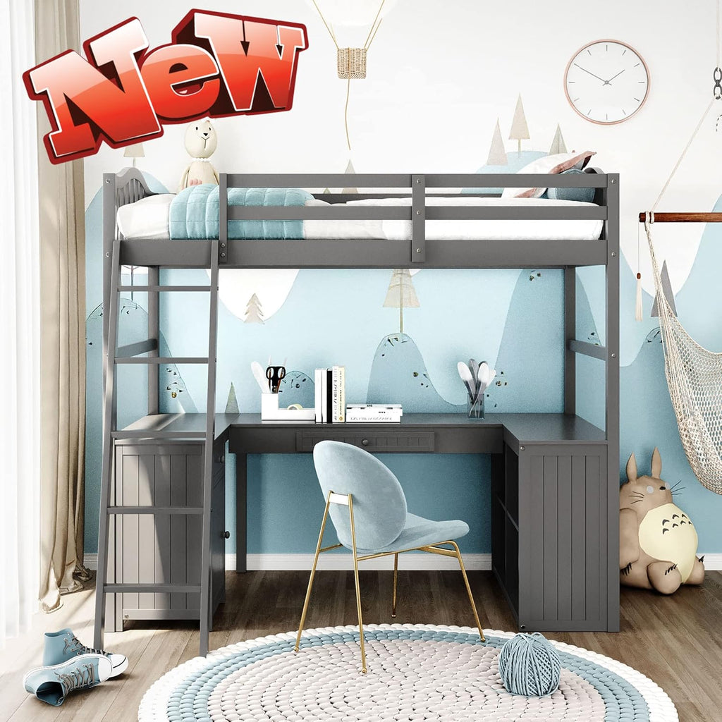 Espresso Twin Loft Bed with Desk, Storage Drawers, Cabinet Shelves F71712