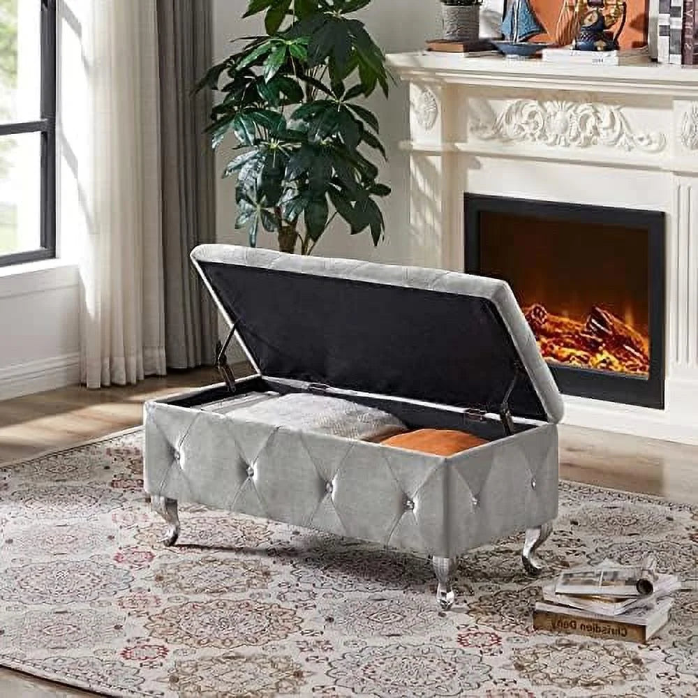 Grey Velvet Ottoman Bench with Flip Top Z37877