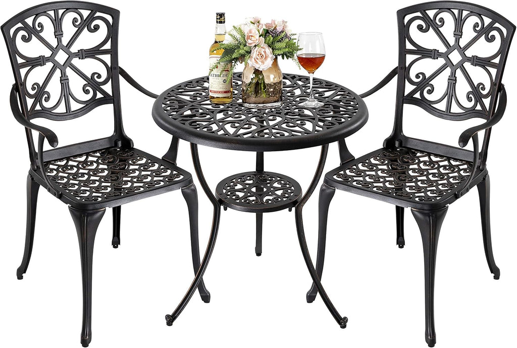 3 Piece Cast Aluminum Patio Bistro Table Set with Umbrella Hole W101