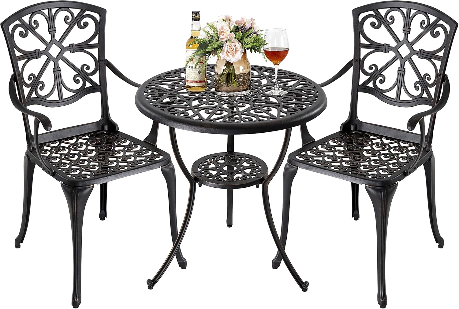 3 Piece Cast Aluminum Patio Bistro Table Set with Umbrella Hole W101