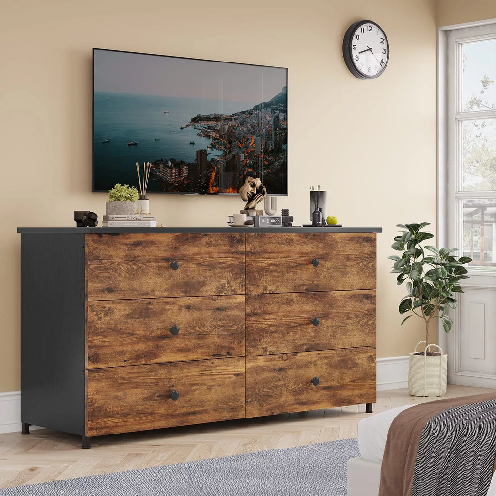 Brown 6 Drawer Wooden Dresser with Steel Frame T2349