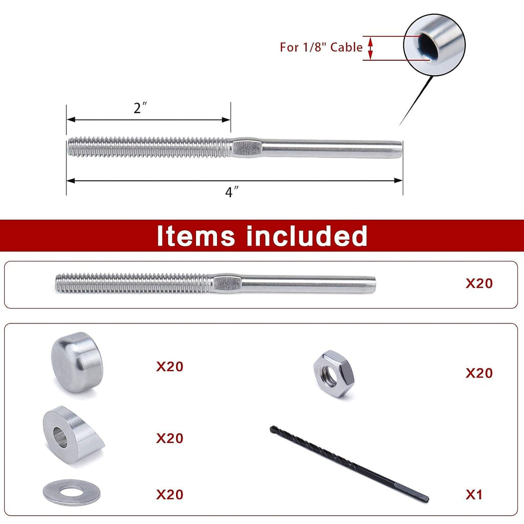 20Pack 1/8 Cable Railing Kit T316 Stainless Steel Terminal M72741