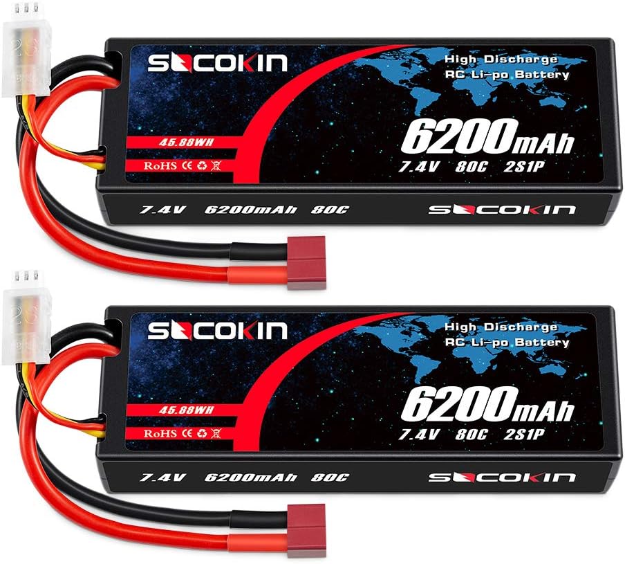 2 Pack 7.4V 2S 6200mAh 80C Hard Case Lipo Battery with Deans T B53237
