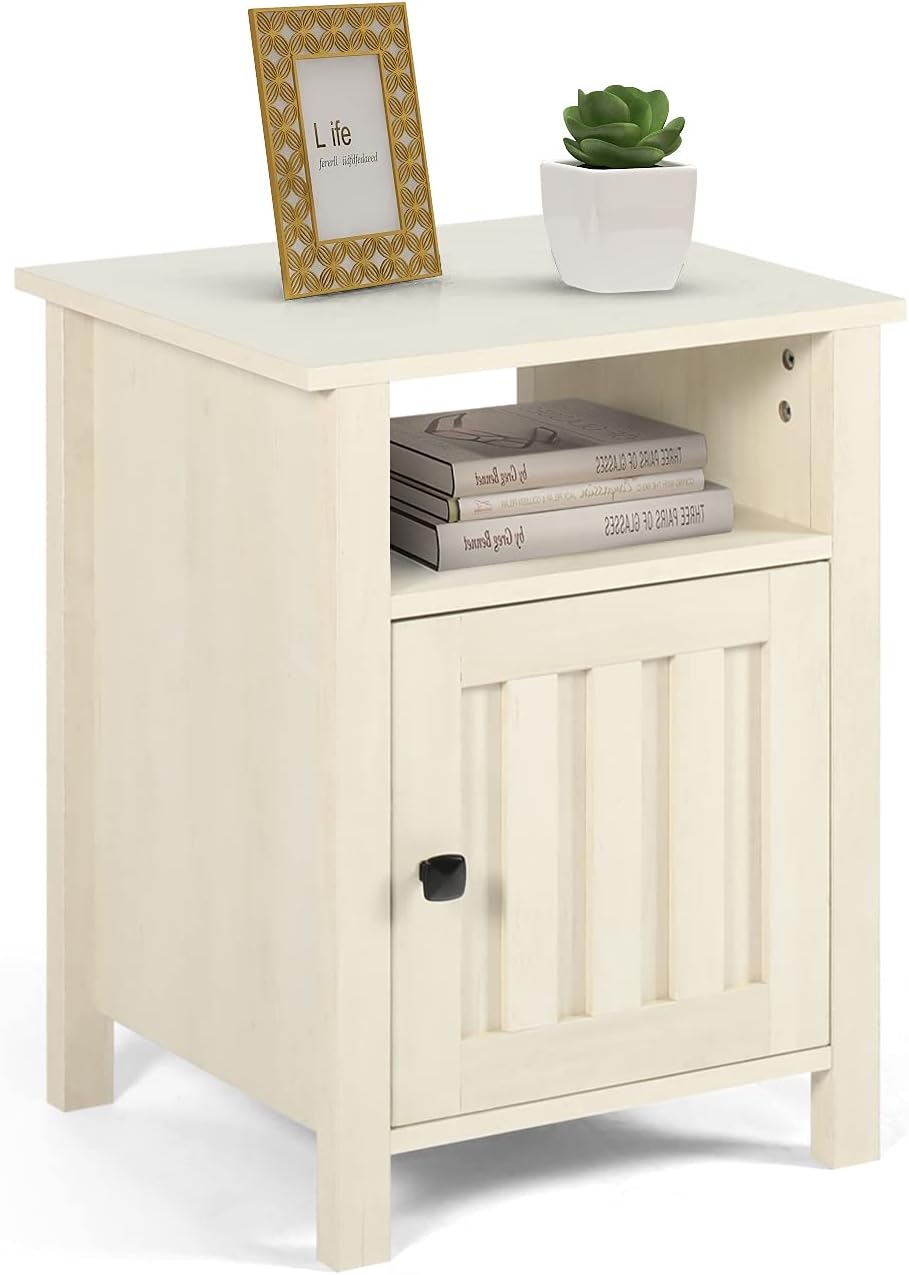 White Wooden Nightstand with Storage Shelf and Cabinet T334107