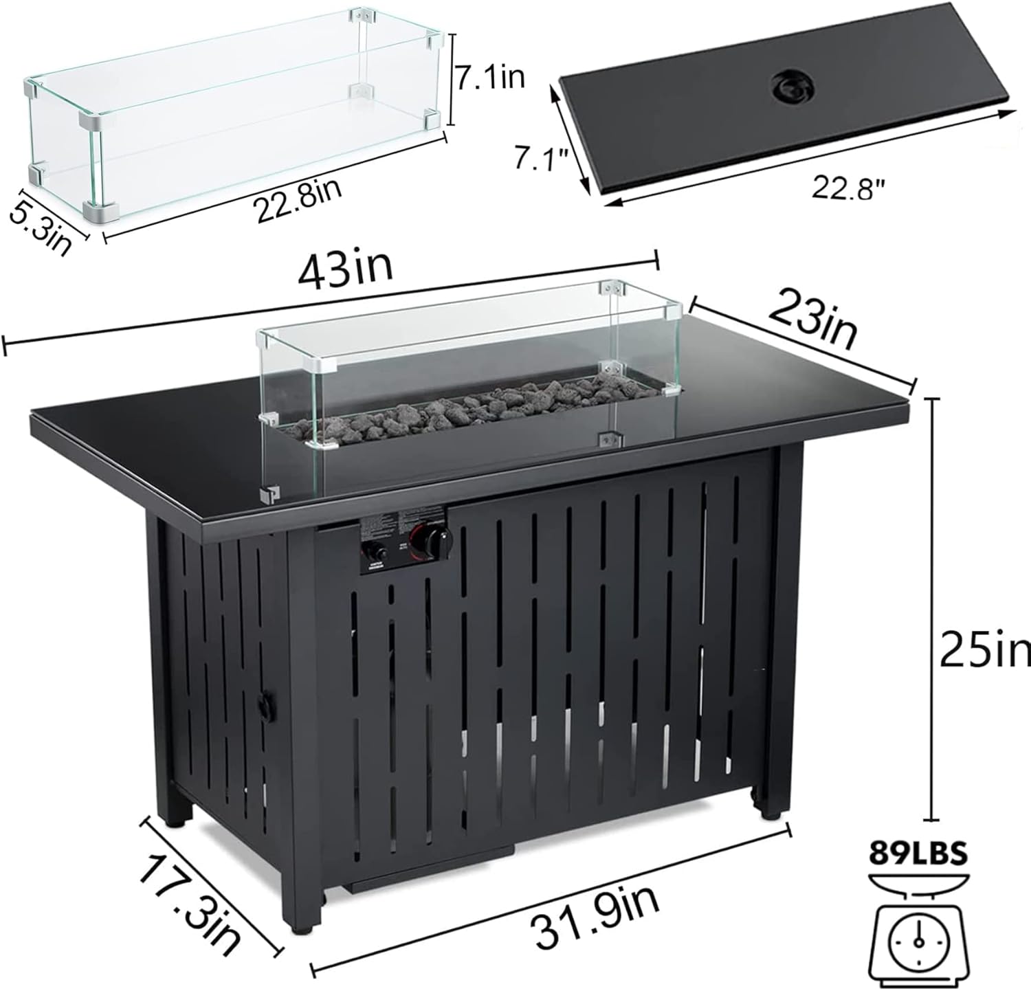 Propane Fire Pit Table, 43 Inch 50,000 BTU Auto-Ignition with Glass Wind Guard and Lava Stone I7869