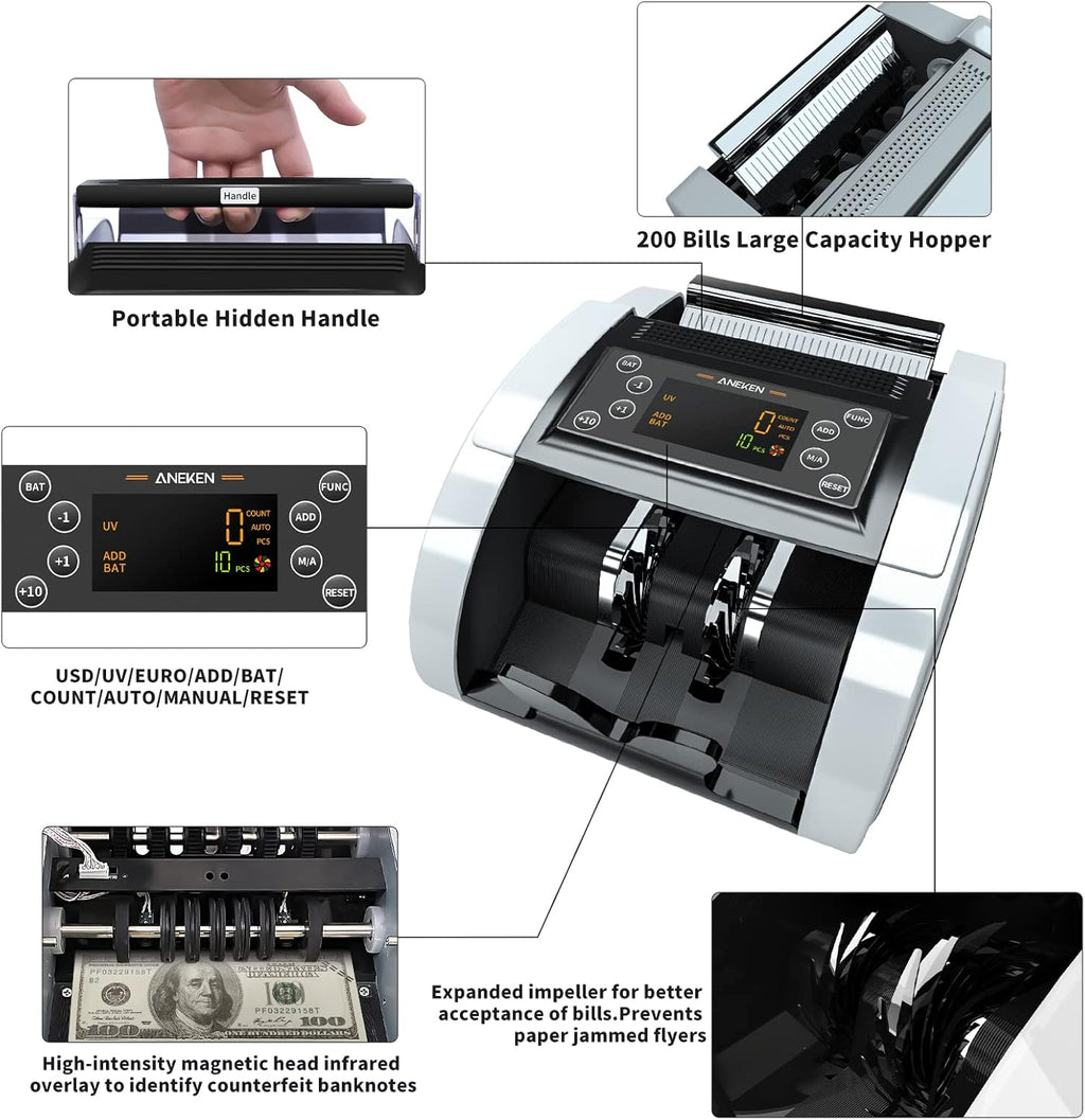 Money Counter with UV/MG/IR/DBL/HLF/CHN Counterfeit Detection, Portable Bill Counter with LED Display, 1,000 Bills/Min C298