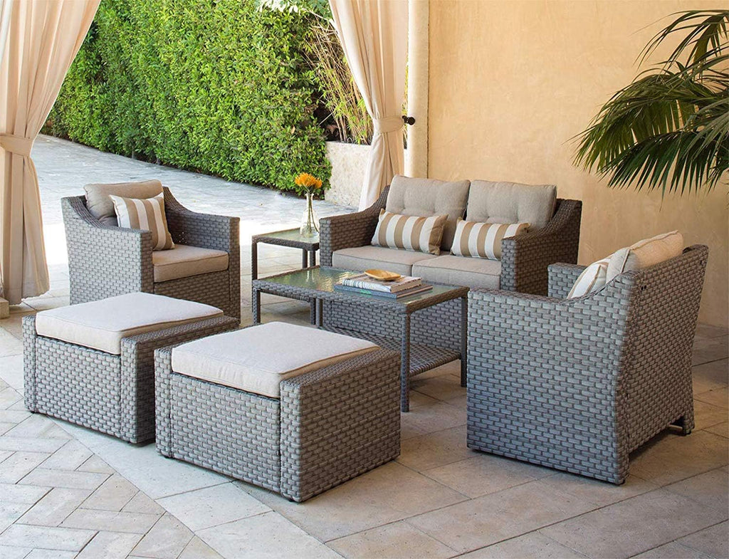 7-Piece Wicker Conversation Furniture Set with Glass Coffee Table-Gray B7377