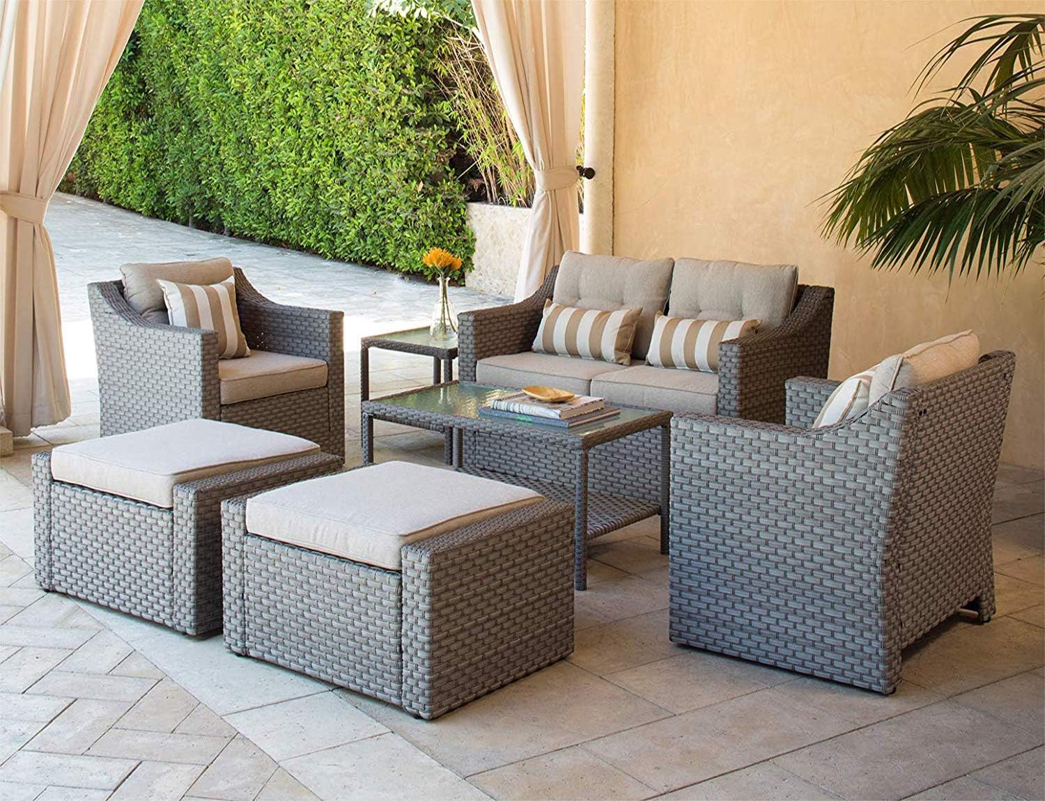 7-Piece Wicker Conversation Furniture Set with Glass Coffee Table-Gray B7377