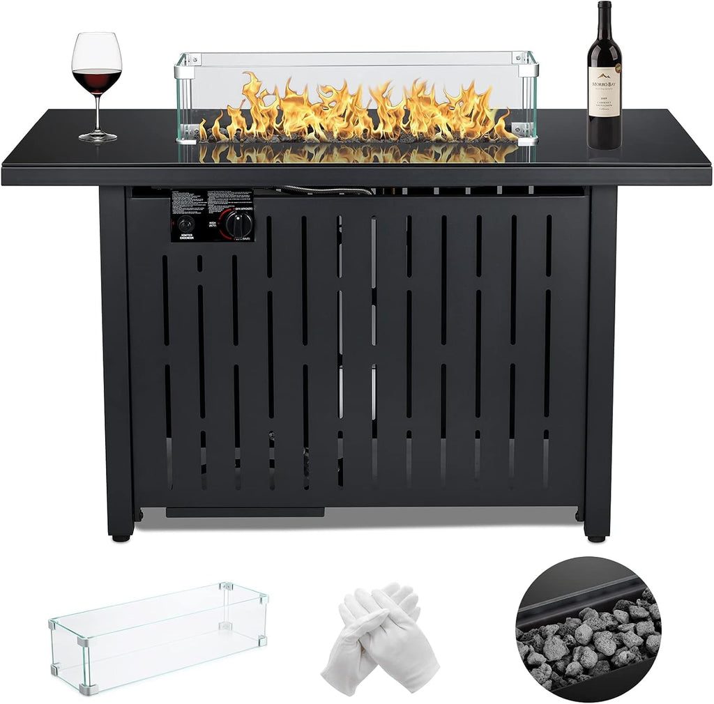 Propane Fire Pit Table, 43 Inch 50,000 BTU Auto-Ignition with Glass Wind Guard and Lava Stone I7869