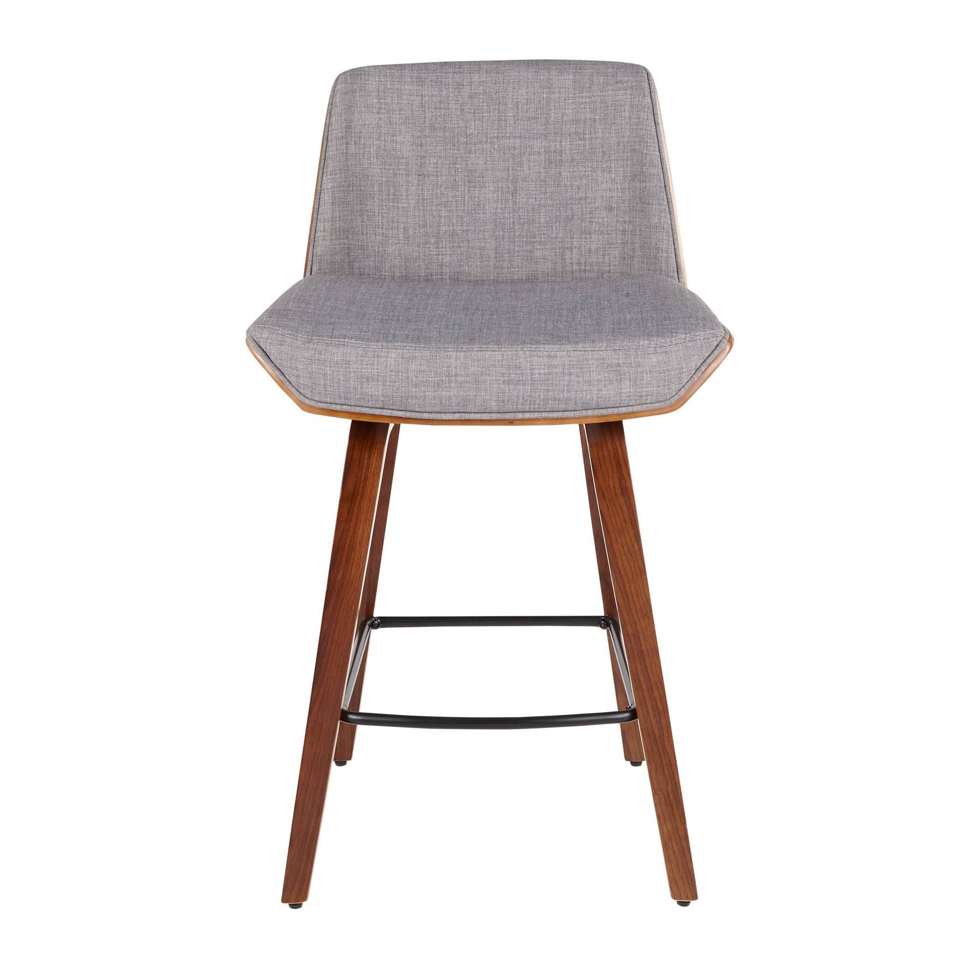 Mid-Century Modern Counter Stool in Walnut Wood and Light Grey Fabric J9301