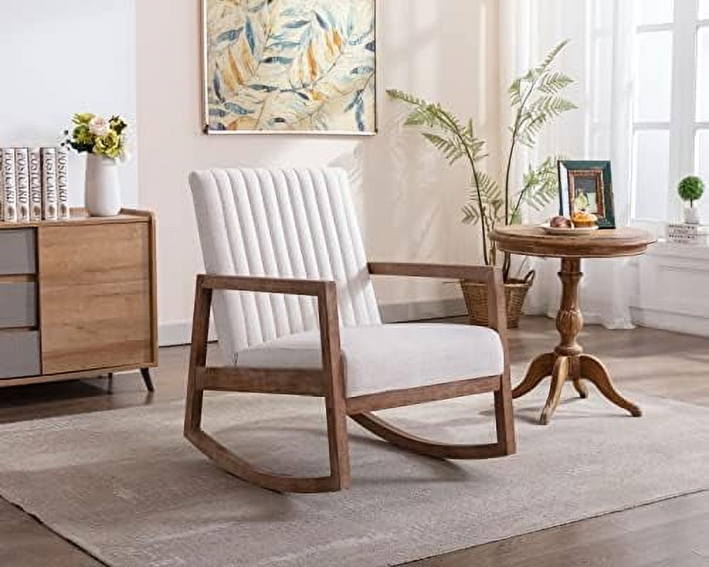 Mid Century Linen Rocking Chair with Padded Seat and Wood Frame E71729