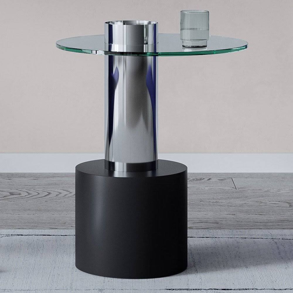 Clear Glass End Table with Stainless Steel and Black Base C948