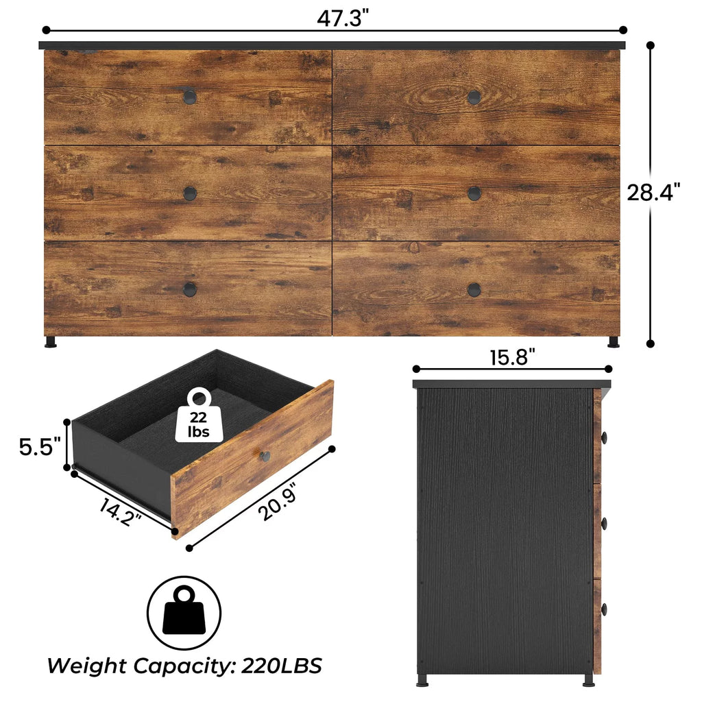 Brown 6 Drawer Wooden Dresser with Steel Frame T2349