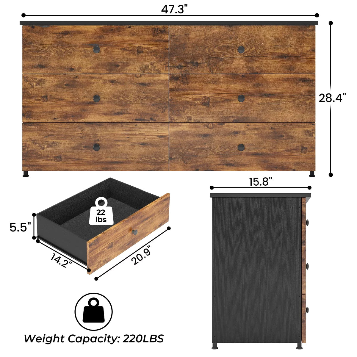 Brown 6 Drawer Wooden Dresser with Steel Frame T2349