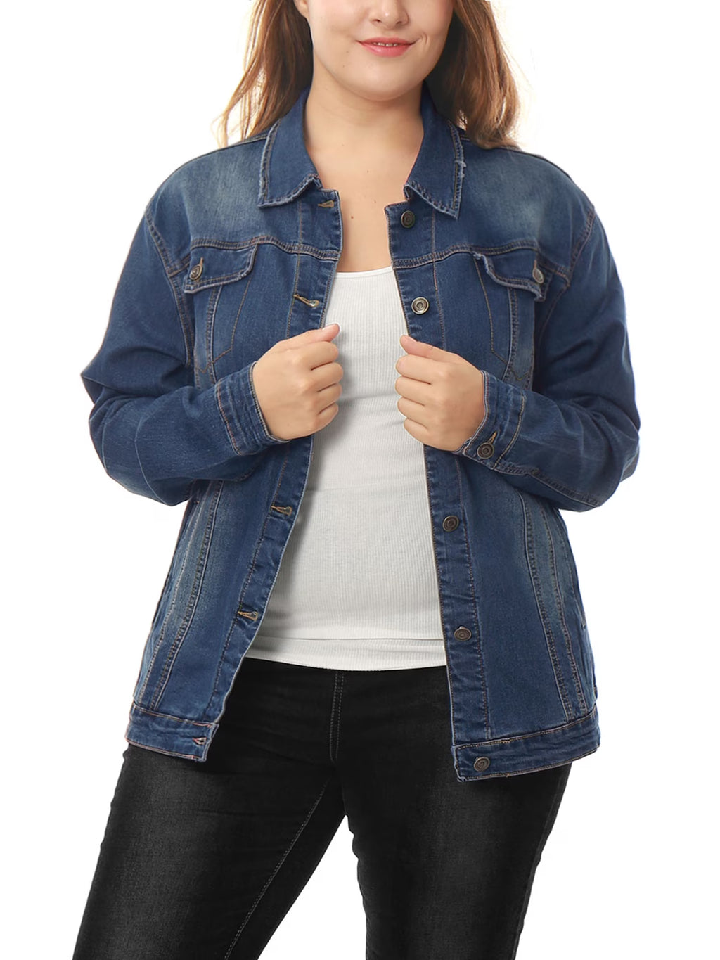 Plus Size Long Sleeve Washed Denim Jacket E77632