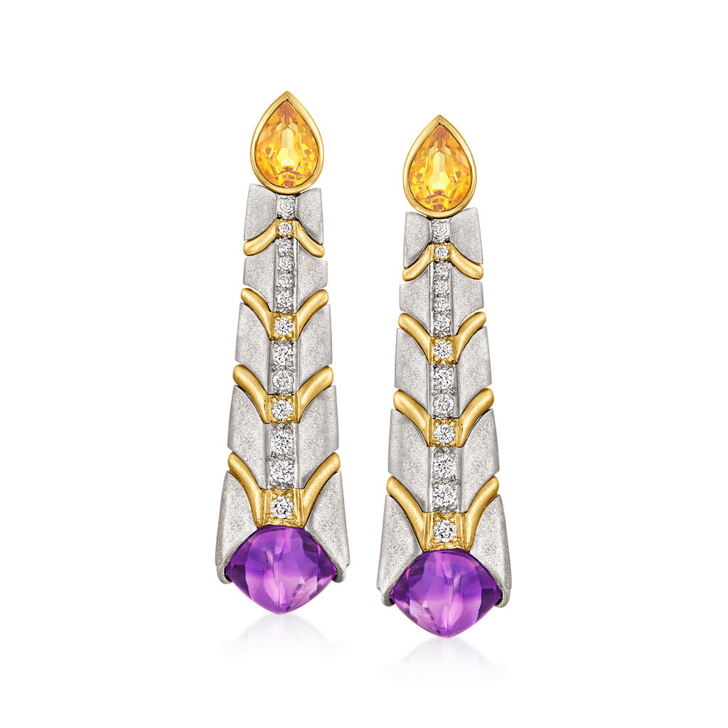 Vintage Amethyst and Citrine Drop Earrings with Diamonds in Platinum and 18kt Yellow Gold T945905