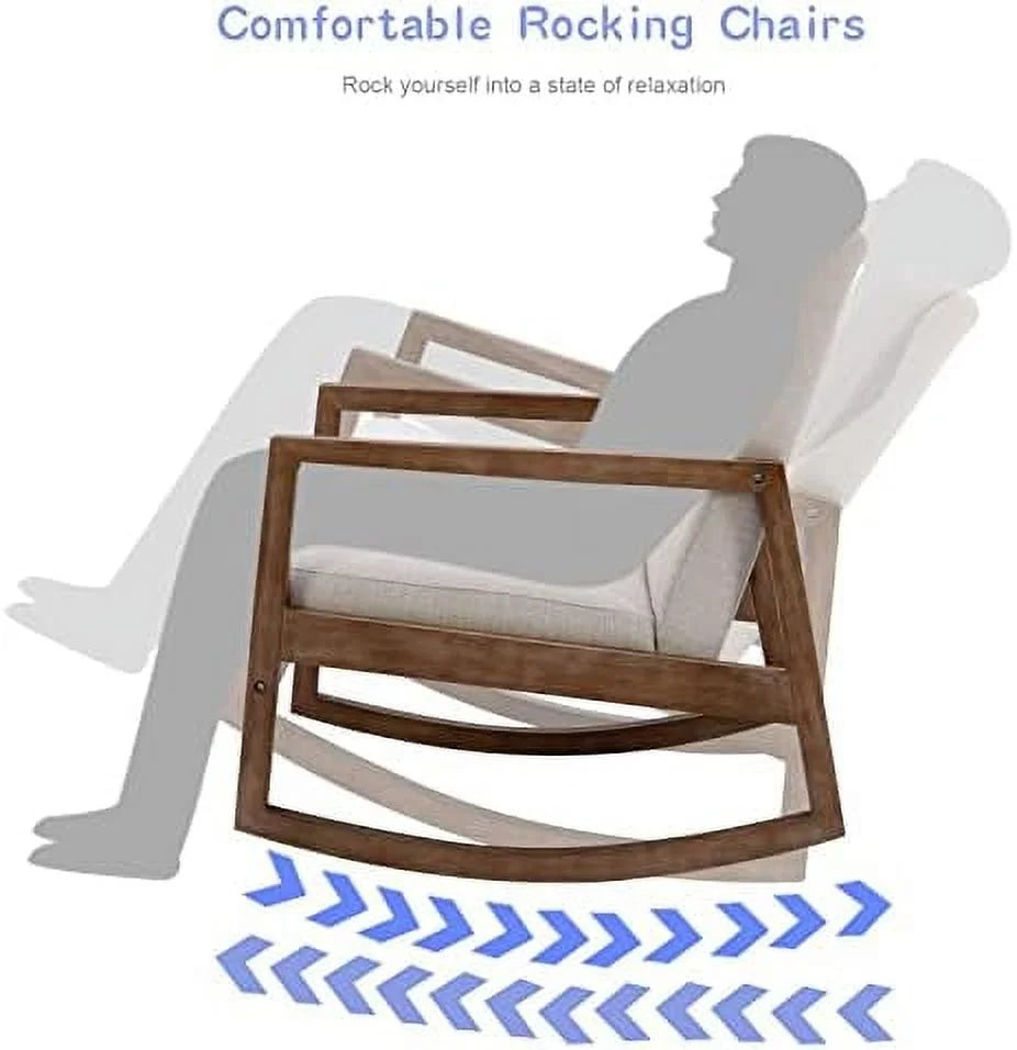 Mid Century Linen Rocking Chair with Padded Seat and Wood Frame E71729