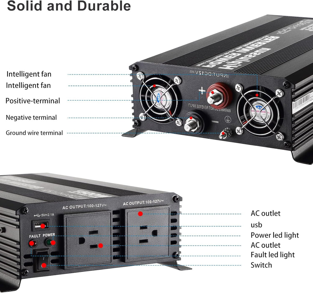 1500 Watt 12v to 110v Power Inverter DC to AC Modified Sine Wave with USB Port and Dual AC Outlets M5190