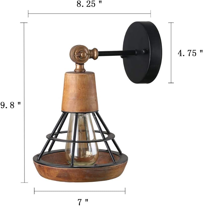 Conical Industrial Wood Wall Sconce with Cage Shade, 1-Light, Brown B349