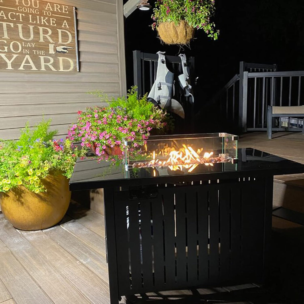 Propane Fire Pit Table, 43 Inch 50,000 BTU Auto-Ignition with Glass Wind Guard and Lava Stone I7869