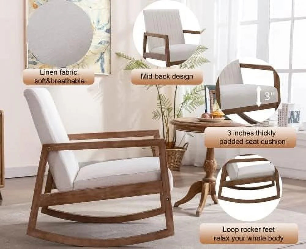 Mid Century Linen Rocking Chair with Padded Seat and Wood Frame E71729