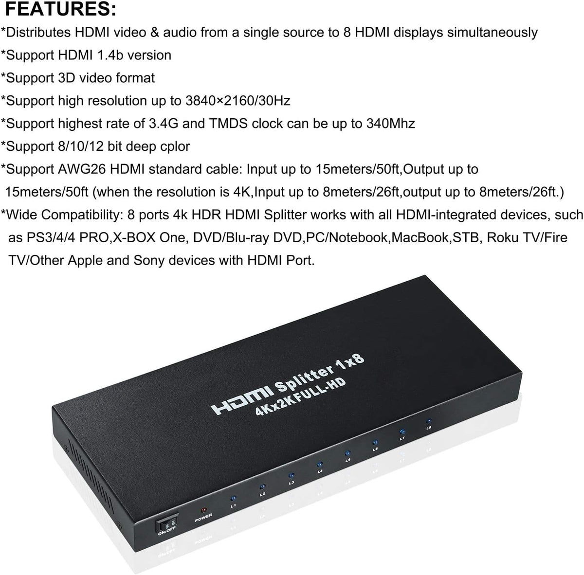 4K 1x8 HDMI Splitter Powered 8way Audio Video Distributor Amplifier with Charger L261247